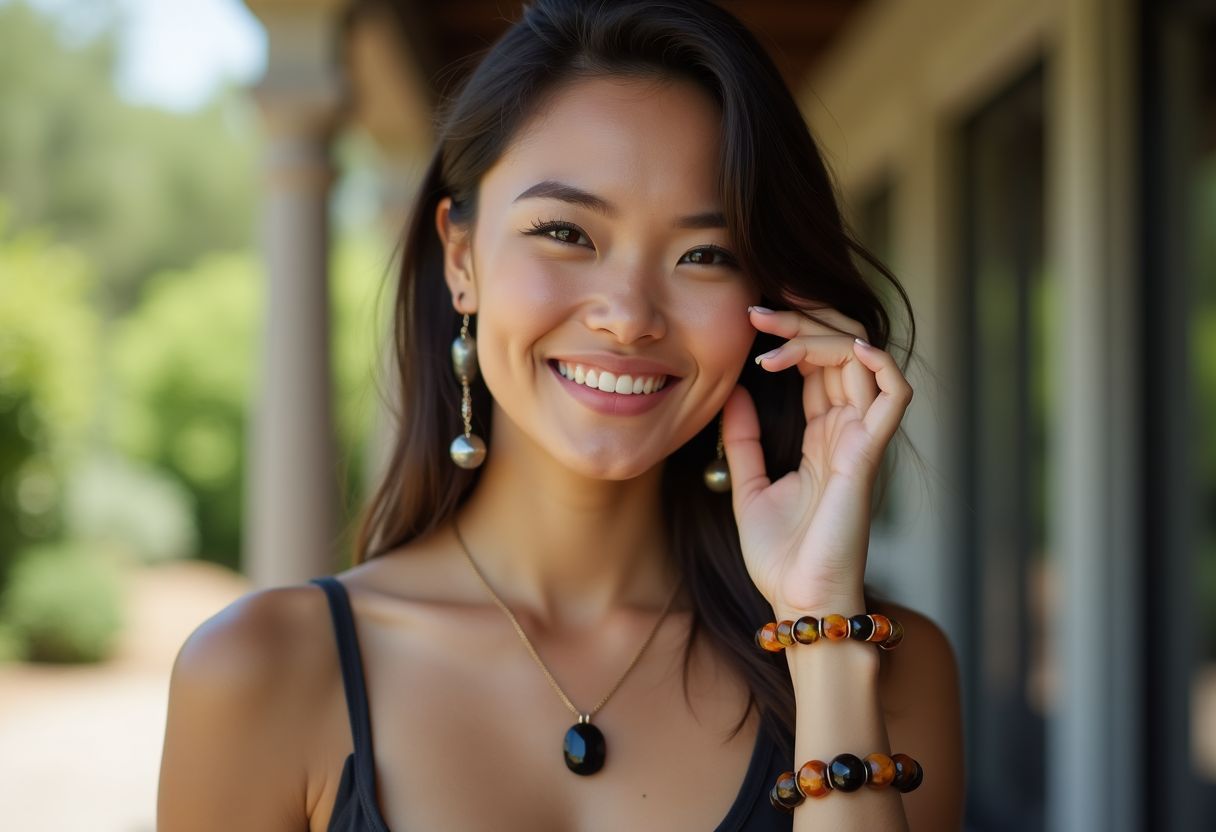 A person in their late 20s wearing various semi-precious stone jewelry.