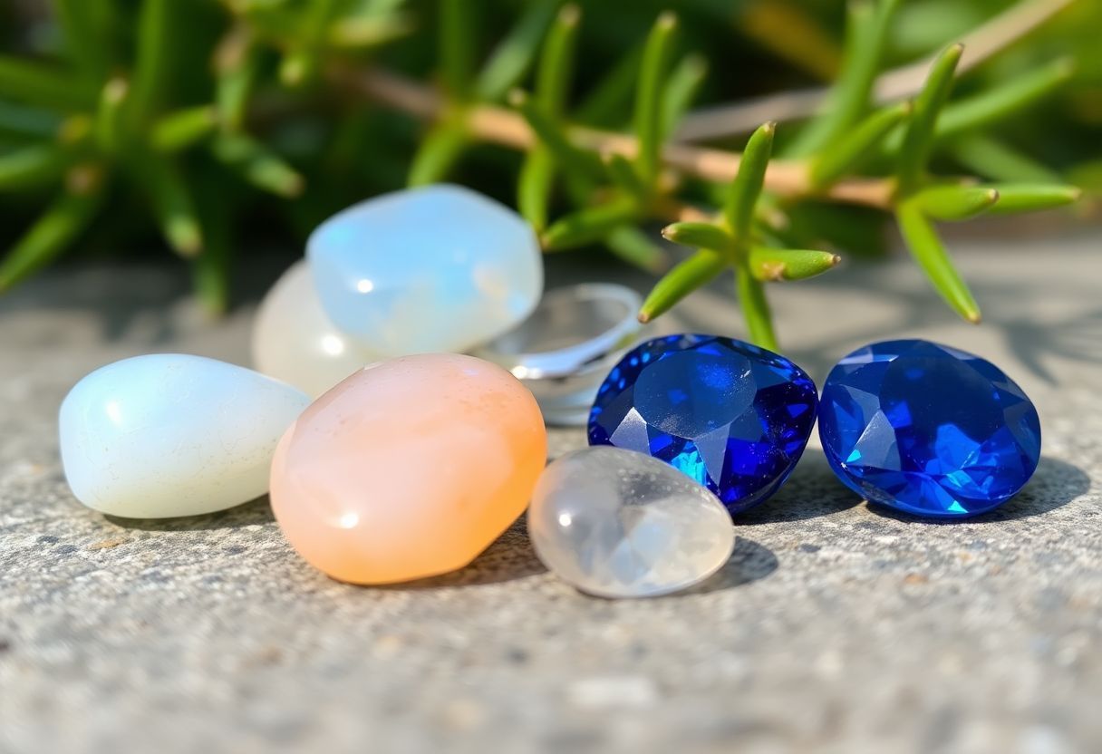 A photo of Opal and Sapphire birthstones in a natural setting.