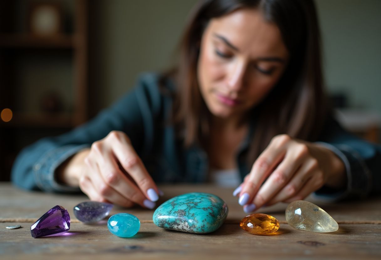 A woman arranges Sagittarius birthstones on a wooden table.