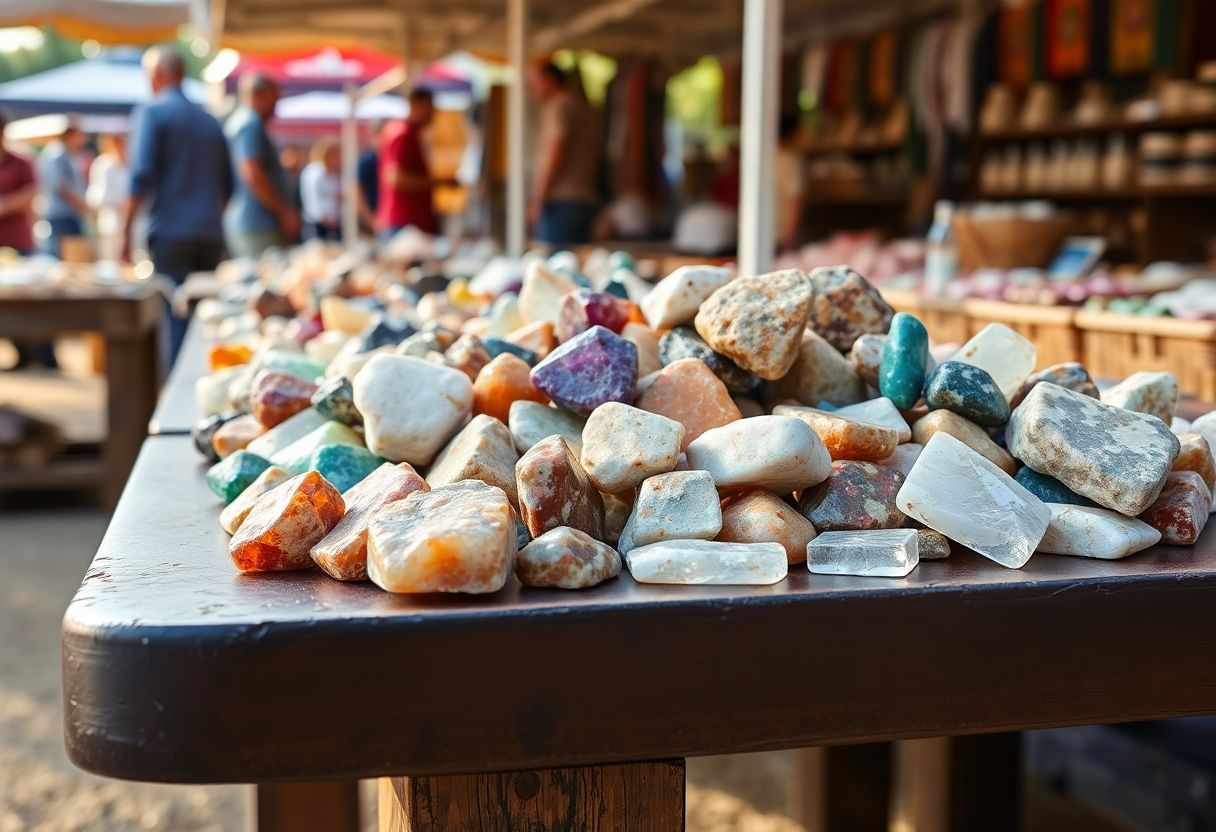 A variety of rough-cut gemstones, including Sagittarius birthstones, at an outdoor market.