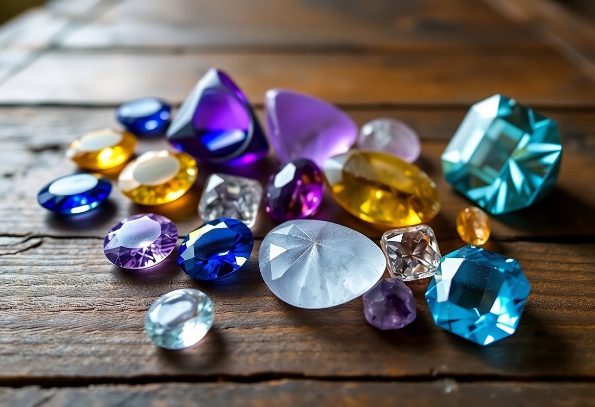 A collection of tanzanite, citrine, amethyst, and blue topaz gemstones on a wooden table. A collection of tanzanite, citrine, amethyst, and blue topaz gemstones on a wooden table.