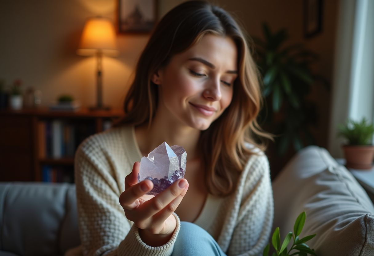 A woman holding a Scorpio crystal with a peaceful expression.