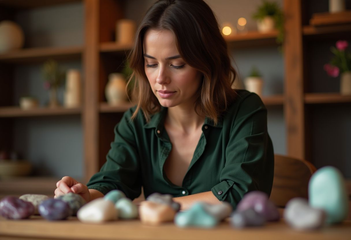 A woman in her 30s exploring gemstones for Virgo energy.