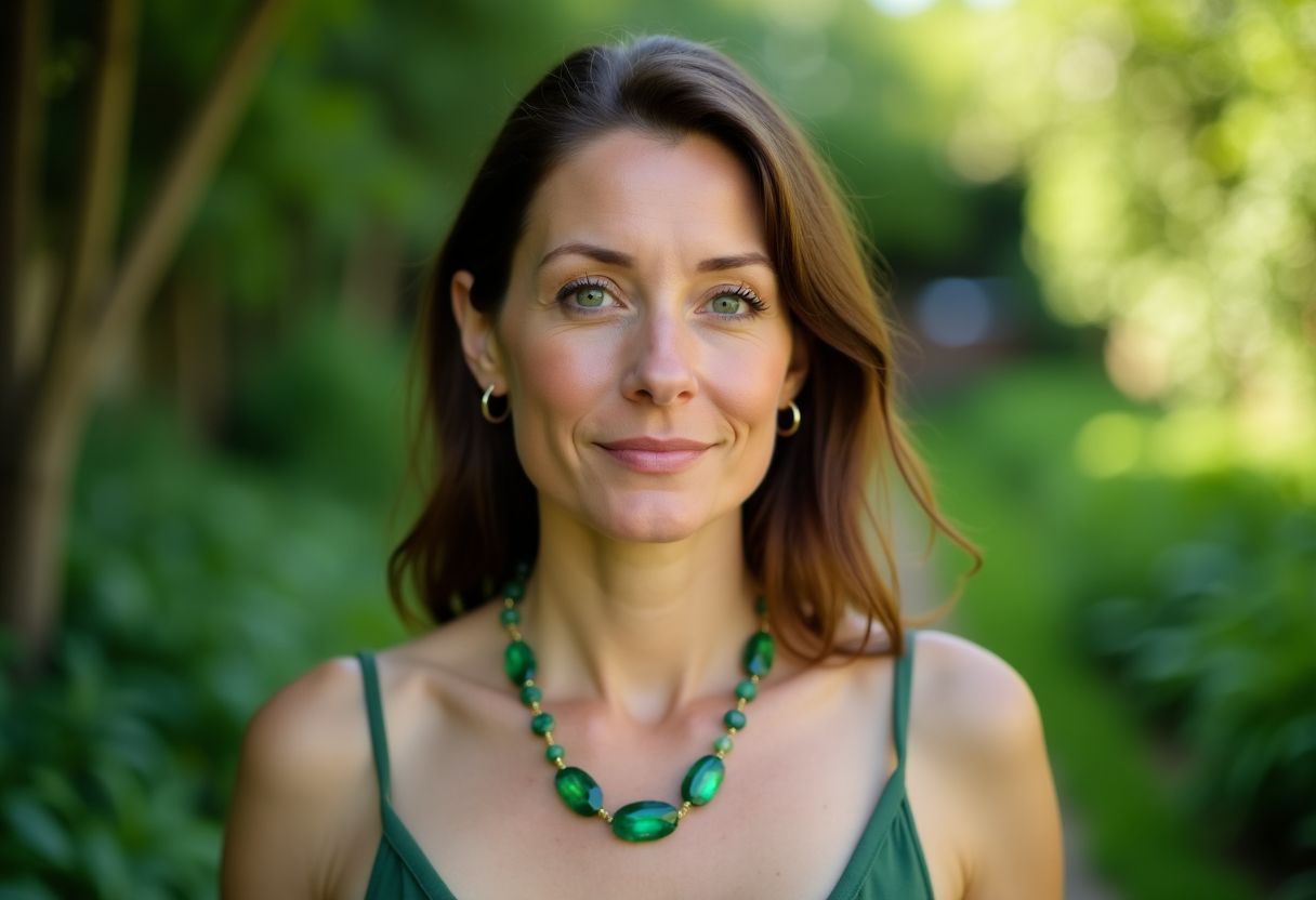 A mid-thirties woman standing in a lush green garden wearing a peridot necklace.
