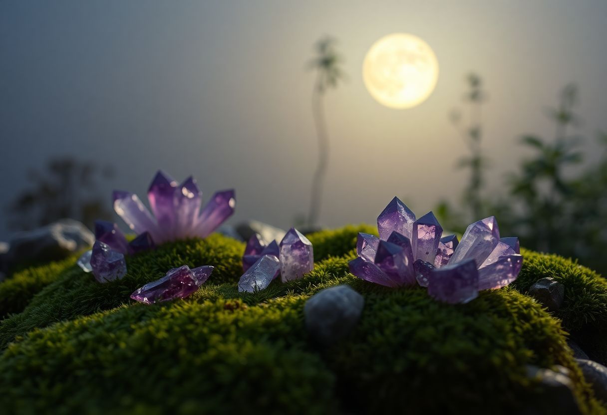 A peaceful garden adorned with amethyst and garnet crystals.