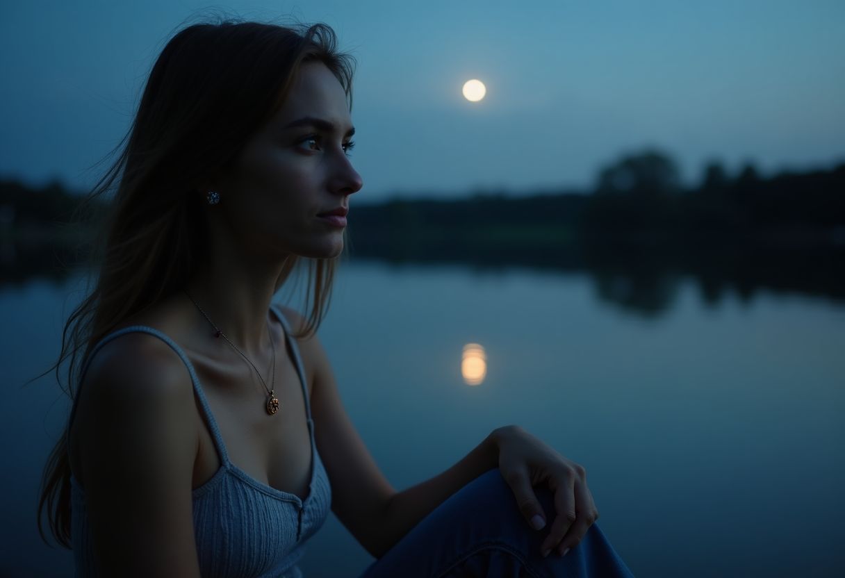 A woman sitting by a calm lake at night, wearing zodiac birthstone jewelry.
