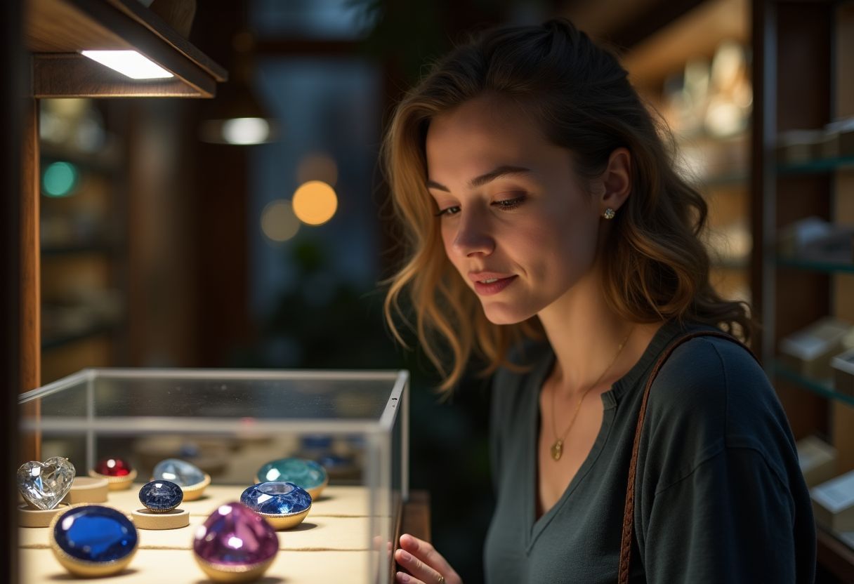 A woman in a boutique admiring birthstone display.