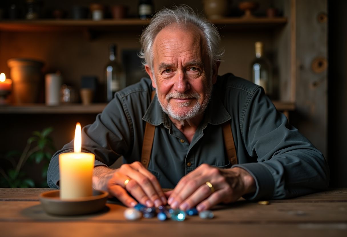 An elderly man sitting at a wooden table with birthstones.