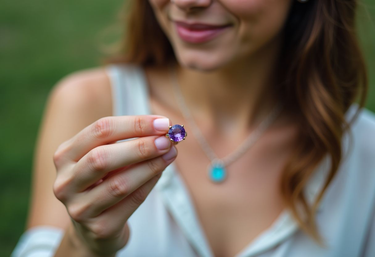 A person admires an aquamarine necklace and amethyst ring outdoors. A person admires an aquamarine necklace and amethyst ring outdoors.
