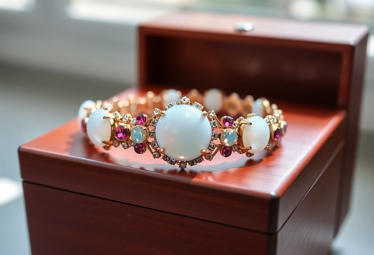 An elegant bracelet with Opal and Pink Tourmaline gemstones on a wooden jewelry box.