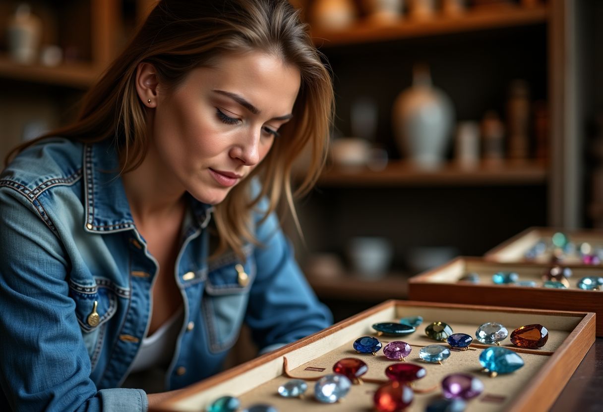 A woman browsing colorful gemstones in an antique jewelry shop.