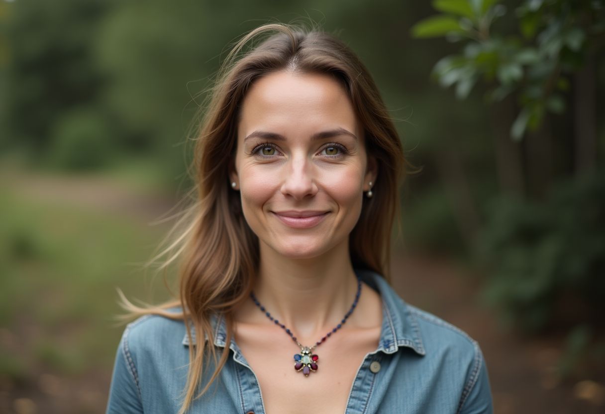 A woman wearing birthstone jewelry in a natural setting.