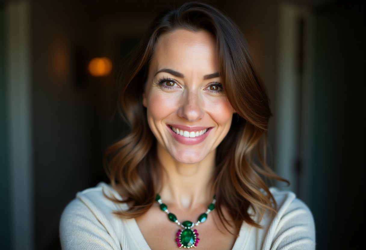 A woman in her mid-30s wearing a peridot and ruby necklace.
