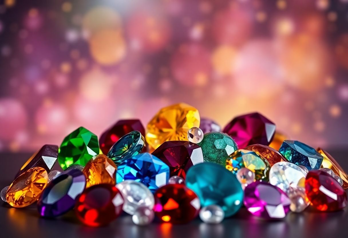 A vibrant arrangement of Leo birthstones against a dreamy background. A vibrant arrangement of Leo birthstones against a dreamy background.