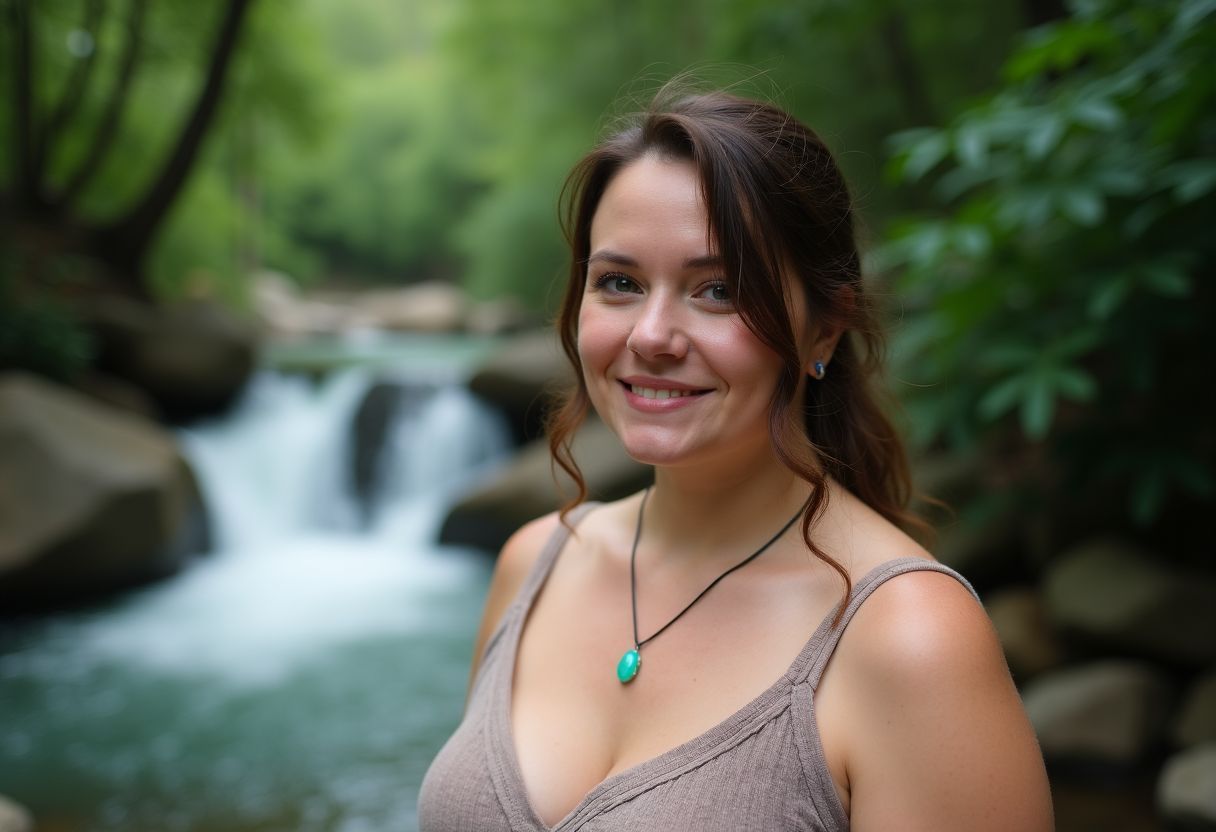 A woman in her 30s wearing opal and sapphire jewelry in a natural setting.