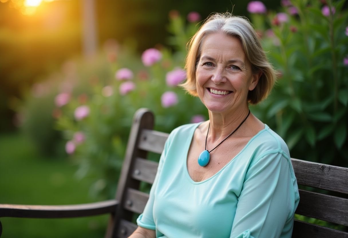 A woman sitting on a wooden bench in a garden.