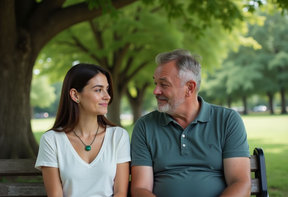 A woman wearing an emerald necklace captures a man's attention in a park.