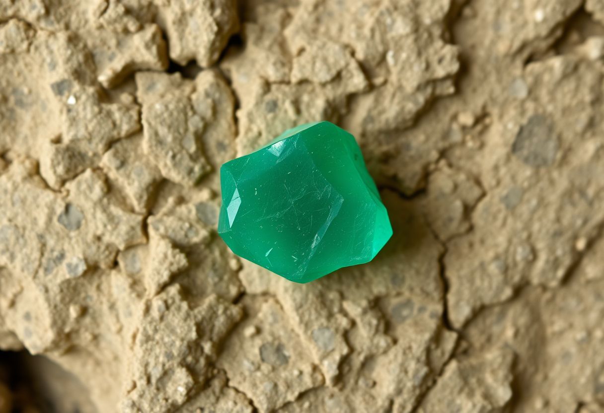 A close-up photo of an uncut emerald stone against a natural background.