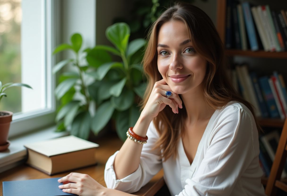A woman in her 30s sitting by a sunlit window with books and a plant.