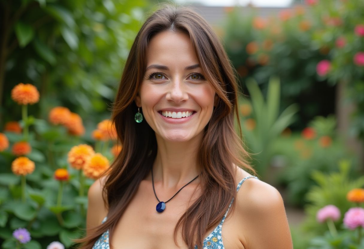 Une femme d'une trentaine d'années se tenant dans un jardin vibrant et portant des bijoux.