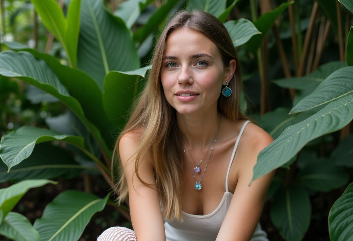 A woman in casual attire and Virgo birthstone jewelry outdoors.