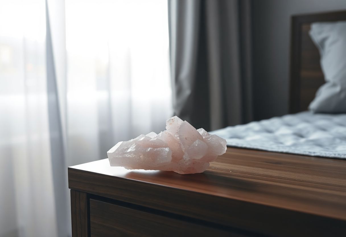 A Rose Quartz crystal on a wooden bedside table in a bedroom.