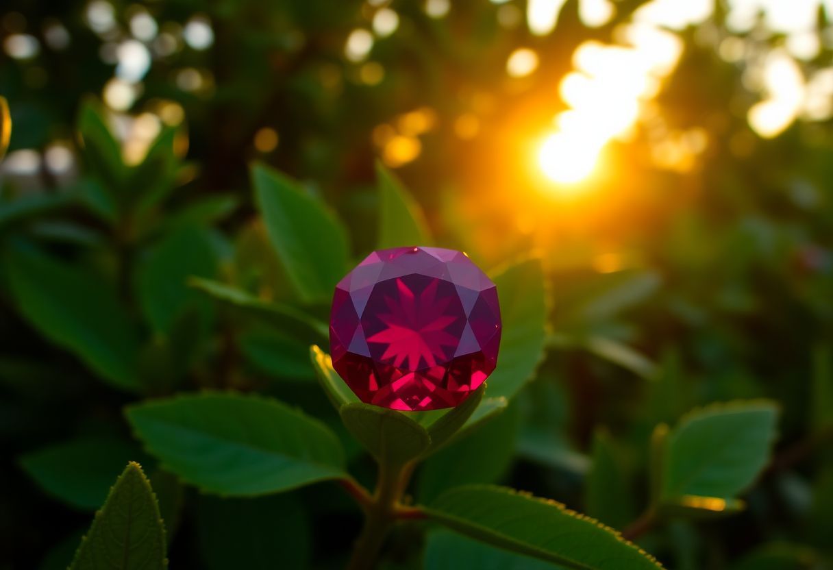 A vibrant ruby gemstone against green foliage in natural lighting. A vibrant ruby gemstone against green foliage in natural lighting.