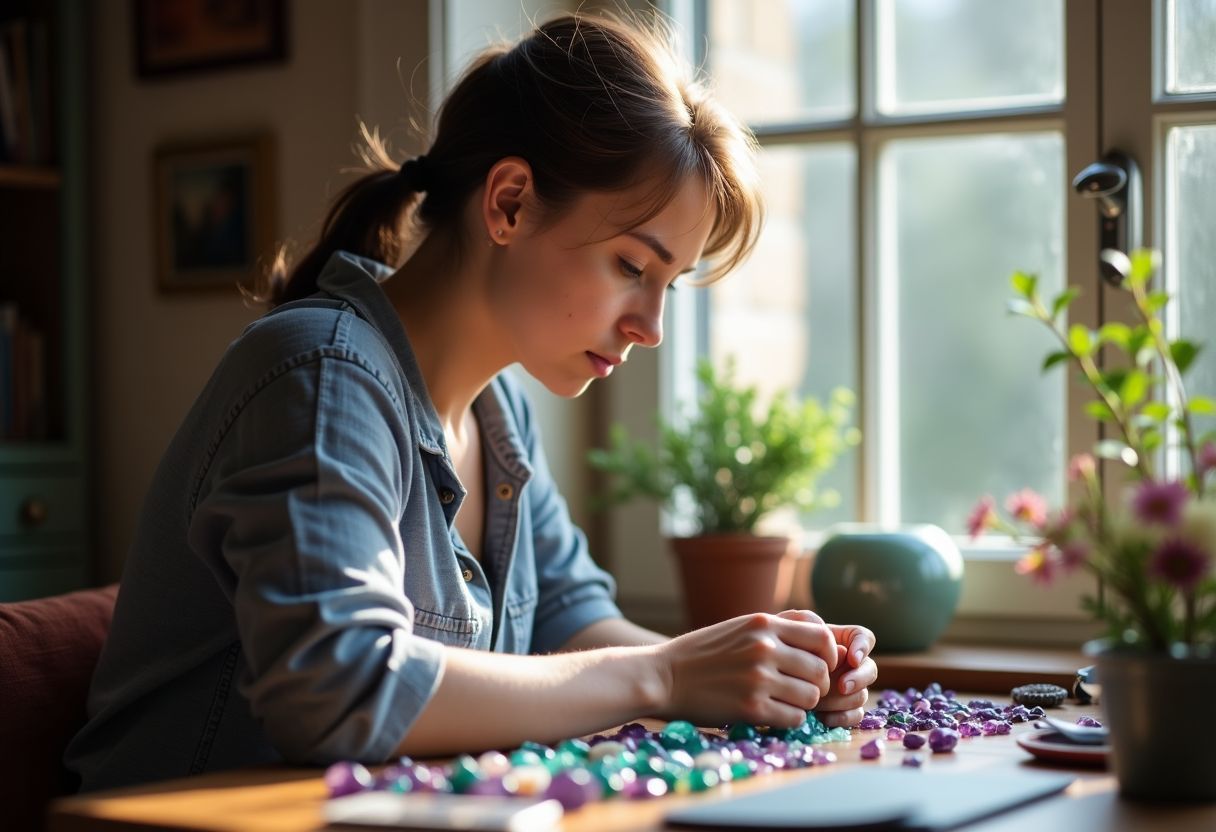An adult selecting gemstones for creative projects in a cozy setting.