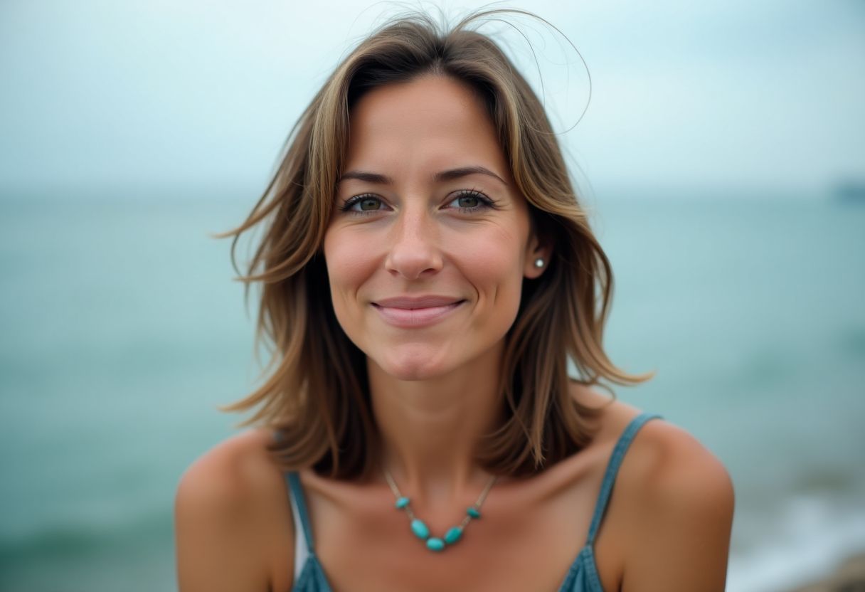 A woman in her 30s sits by a calm ocean, wearing a simple aquamarine necklace.