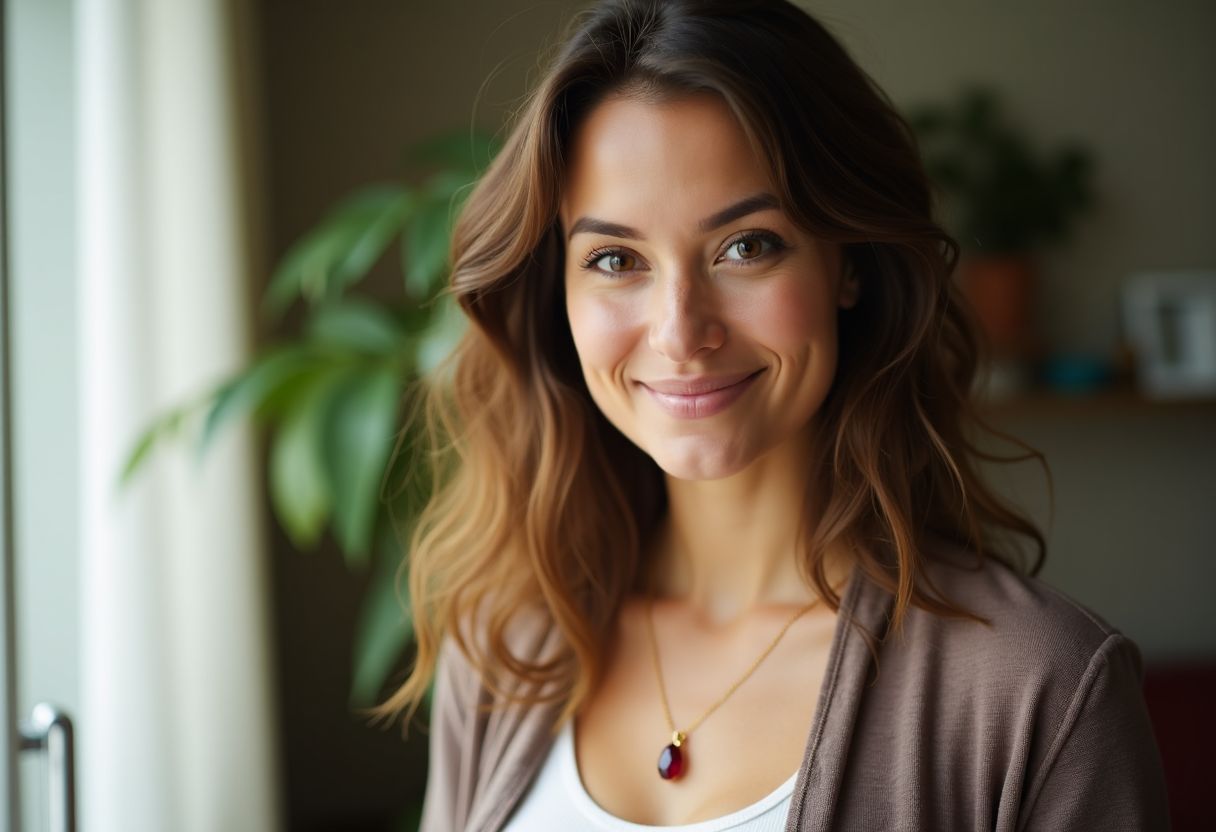 A woman in her mid-30s with a garnet pendant in a cozy living room.