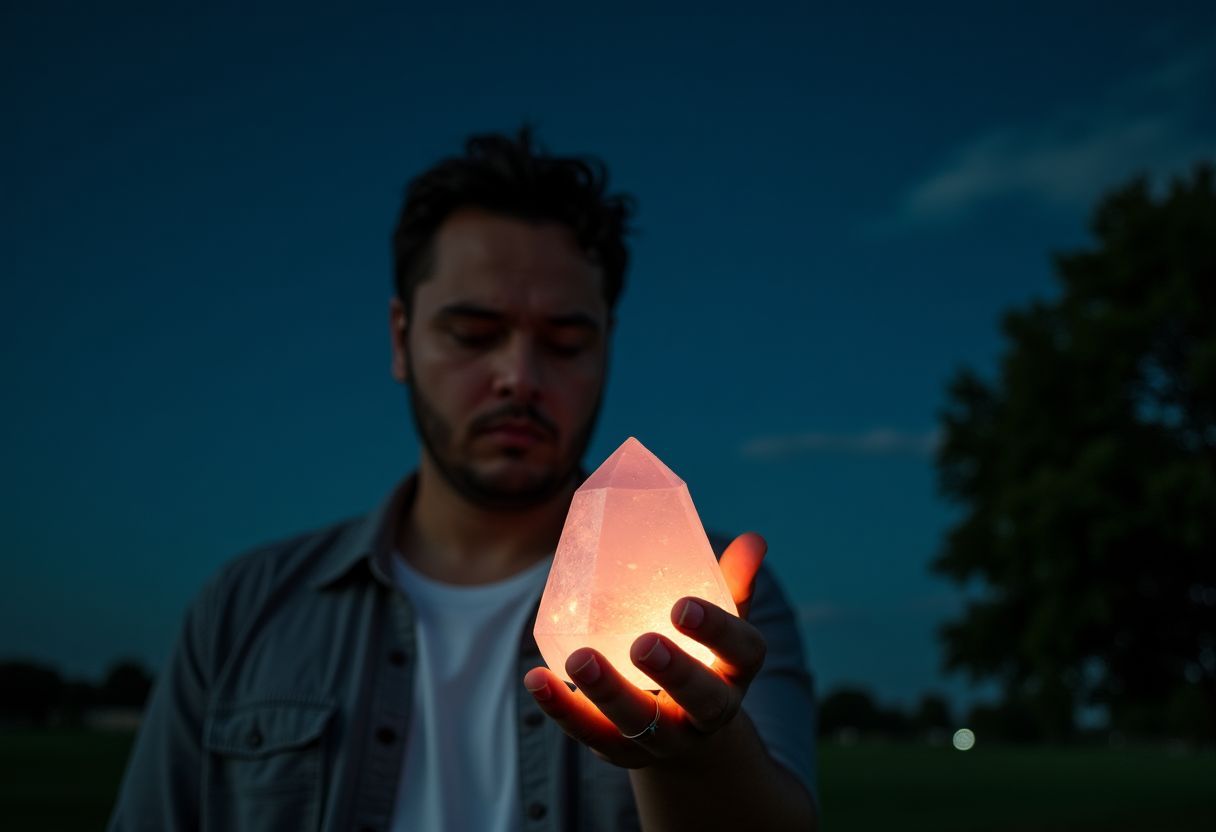 A person holding a Rose Quartz gemstone under the night sky. A person holding a Rose Quartz gemstone under the night sky.