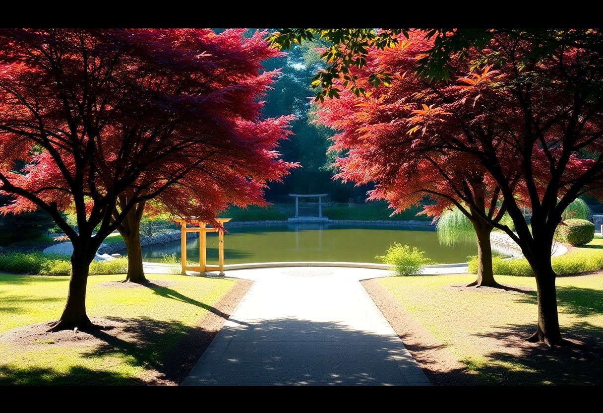 A garden path lined with Japanese maple trees leads to a peaceful pond.