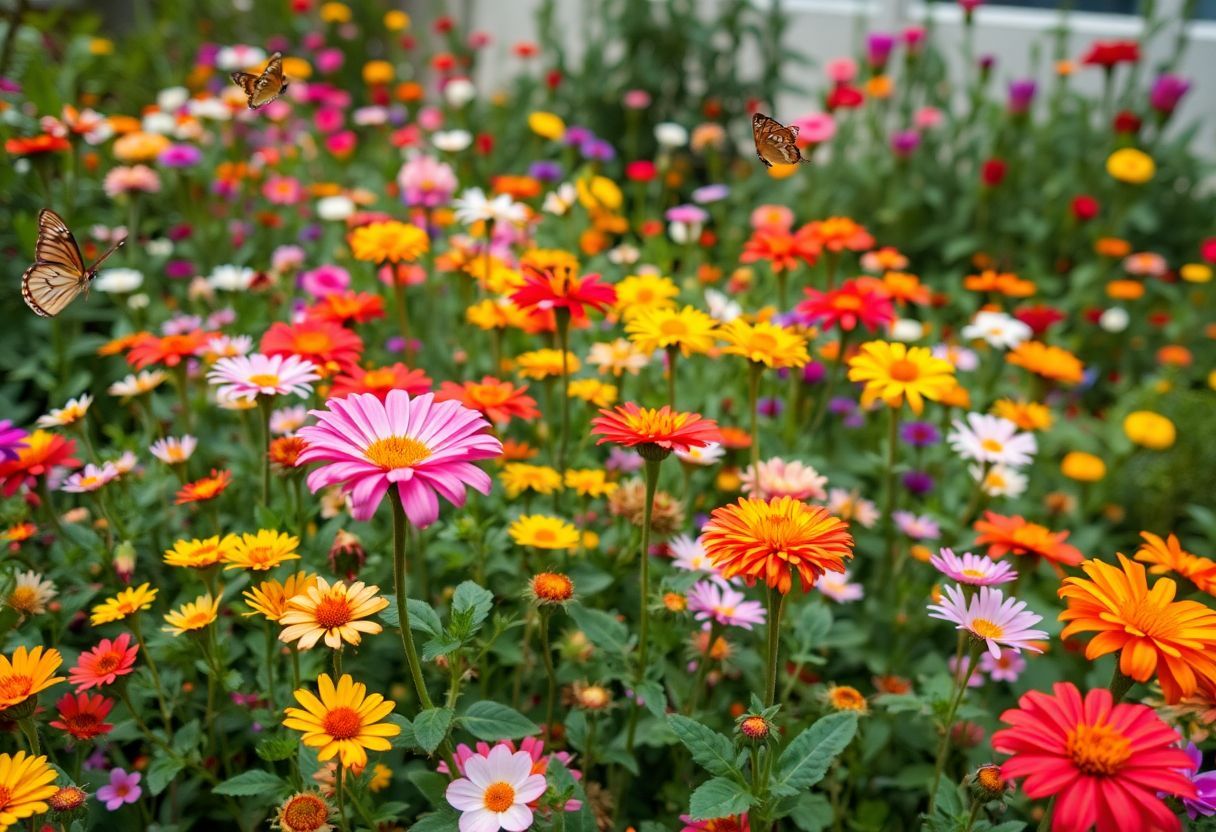 Un jardin dynamique rempli de fleurs colorées et de papillons espiègles.