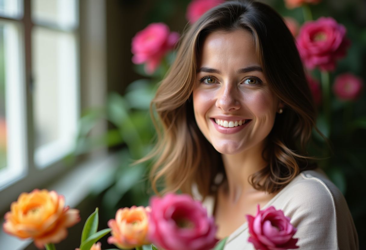 A woman with brown hair, surrounded by flowers, smiles in a room. A woman with brown hair, surrounded by flowers, smiles in a room.