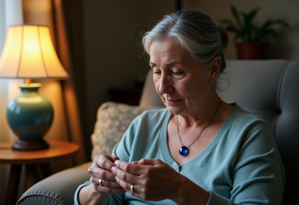 An older woman admires a blue sapphire necklace in her living room.
