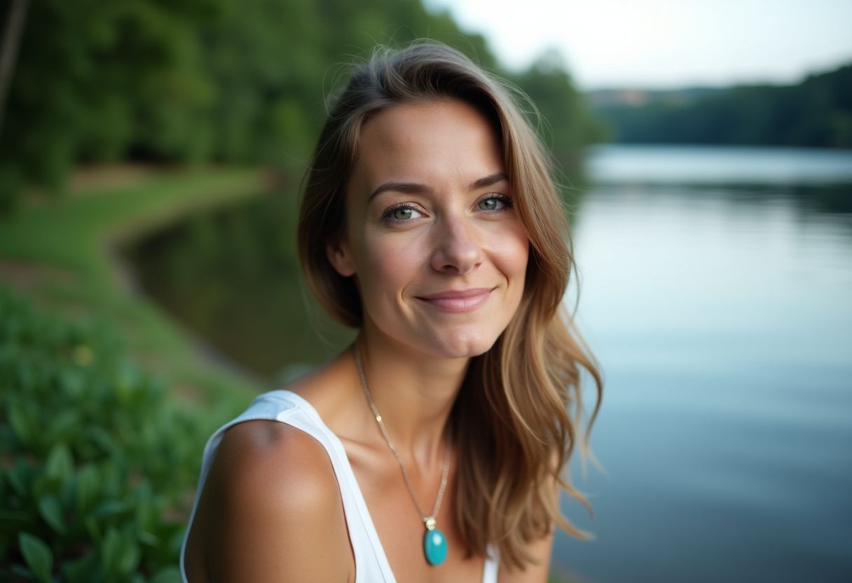 A woman in her mid-30s sitting peacefully by a lake. A woman in her mid-30s sitting peacefully by a lake.
