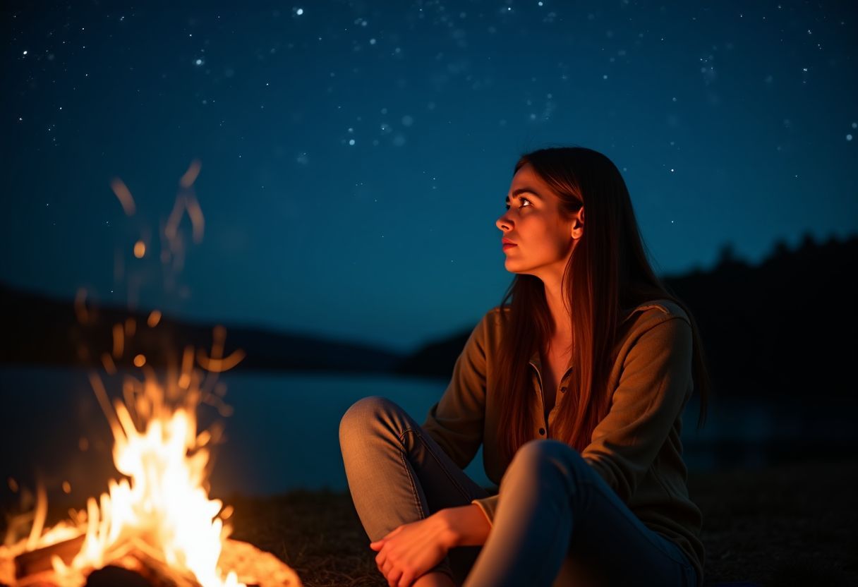 A young woman sitting by a campfire looking up at the stars. A young woman sitting by a campfire looking up at the stars.