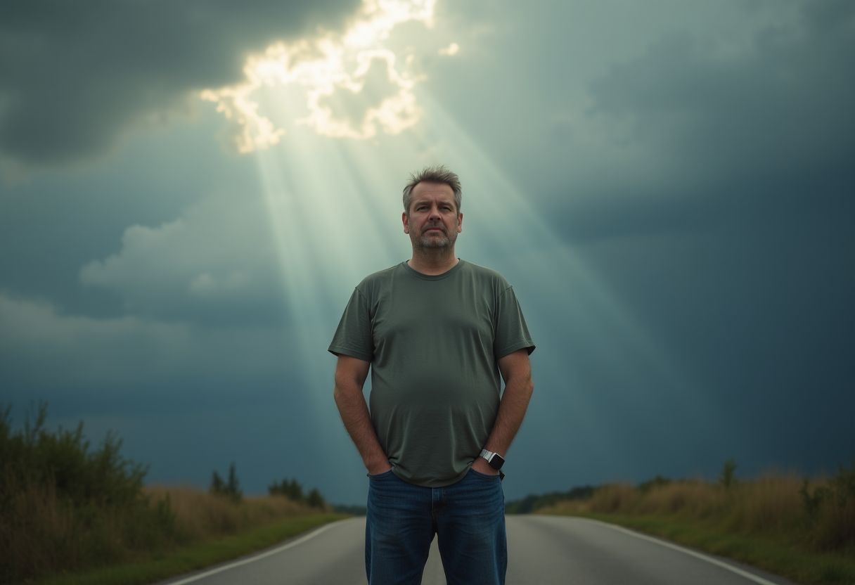 A man standing at a crossroads with a neutral expression.