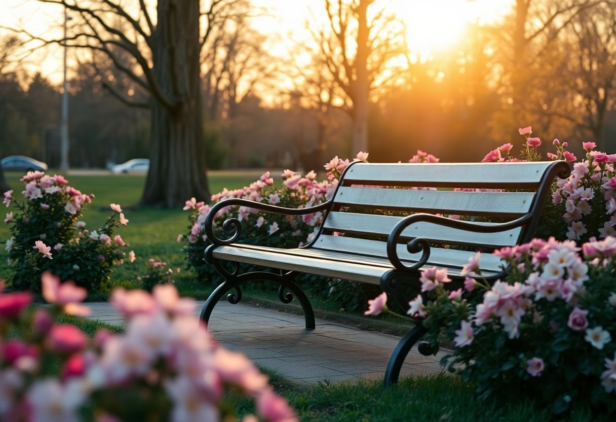An empty park bench surrounded by blooming flowers in soft evening sunlight.