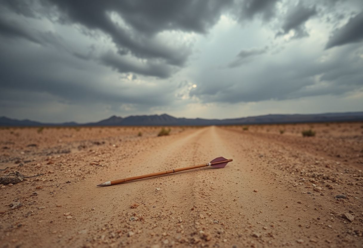 A single wounded arrow lies on a dusty desert path. A single wounded arrow lies on a dusty desert path.