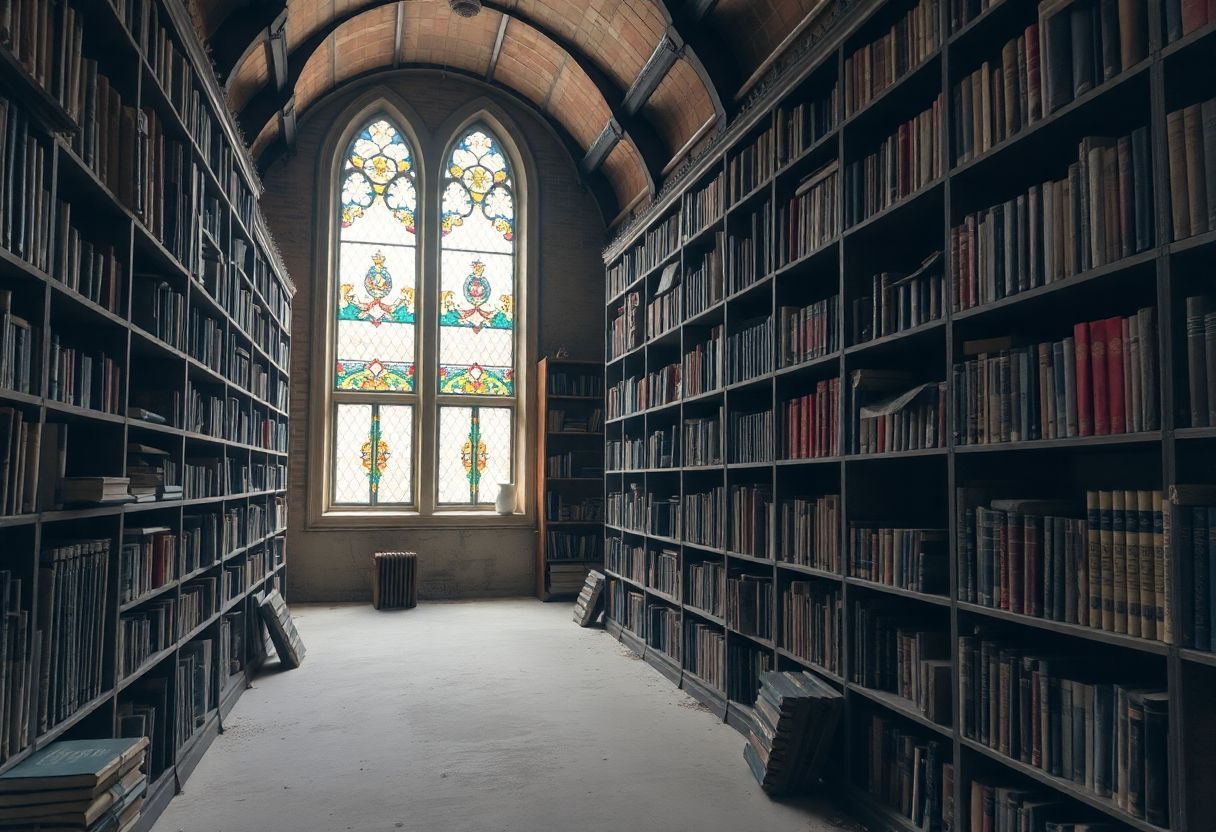 An old, abandoned library with dusty shelves and forgotten books. An old, abandoned library with dusty shelves and forgotten books.