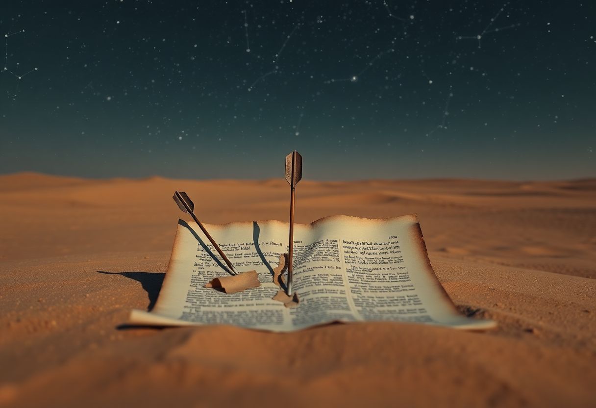 A lone arrow embedded in a tattered scroll in a desert. A lone arrow embedded in a tattered scroll in a desert.