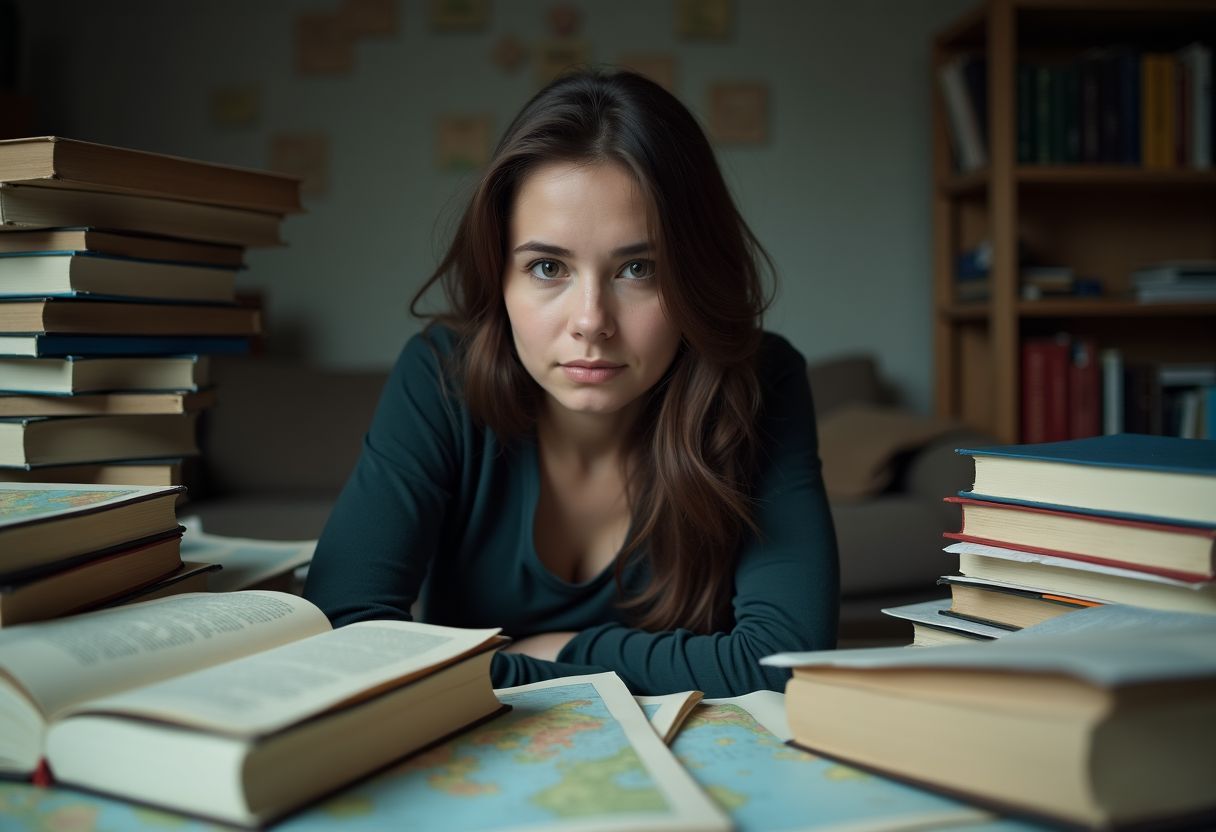 A person sitting among disorganized books and torn maps, looking thoughtful.