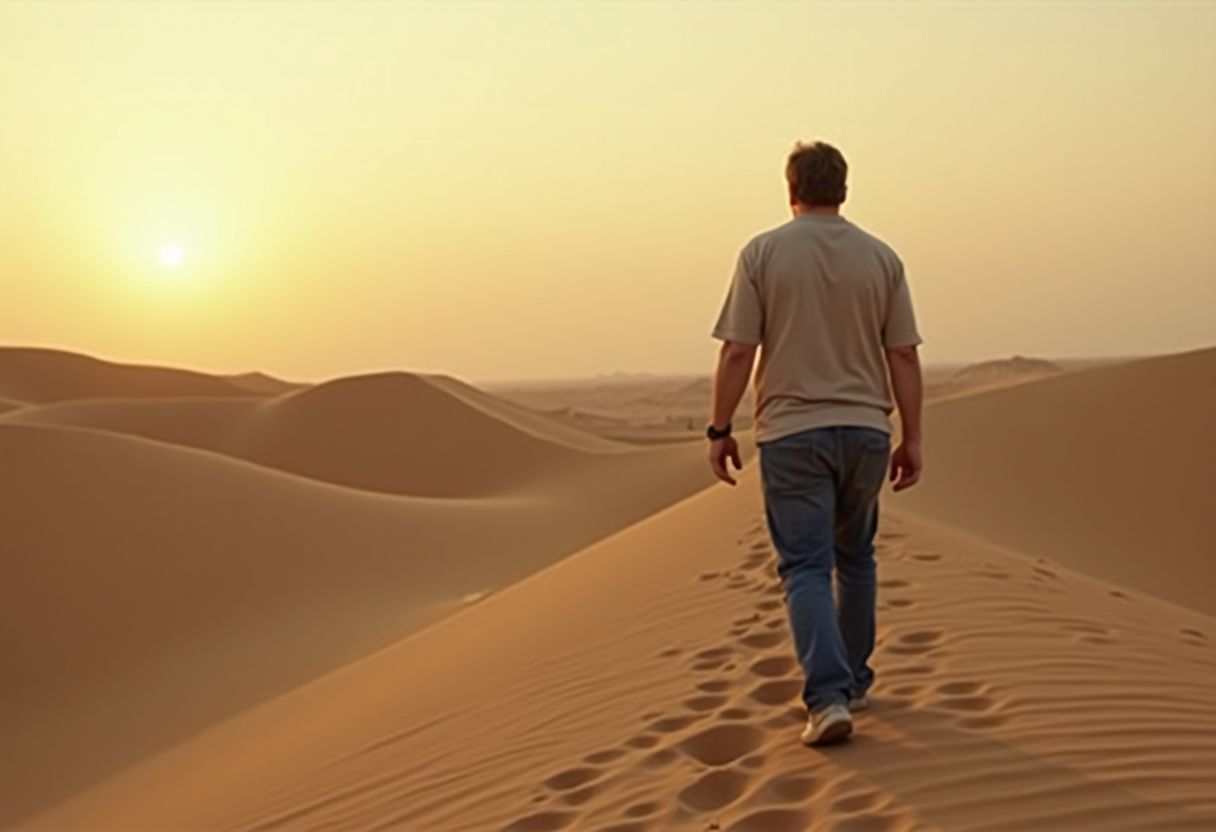 A middle-aged man walks alone in a desert at sunset.