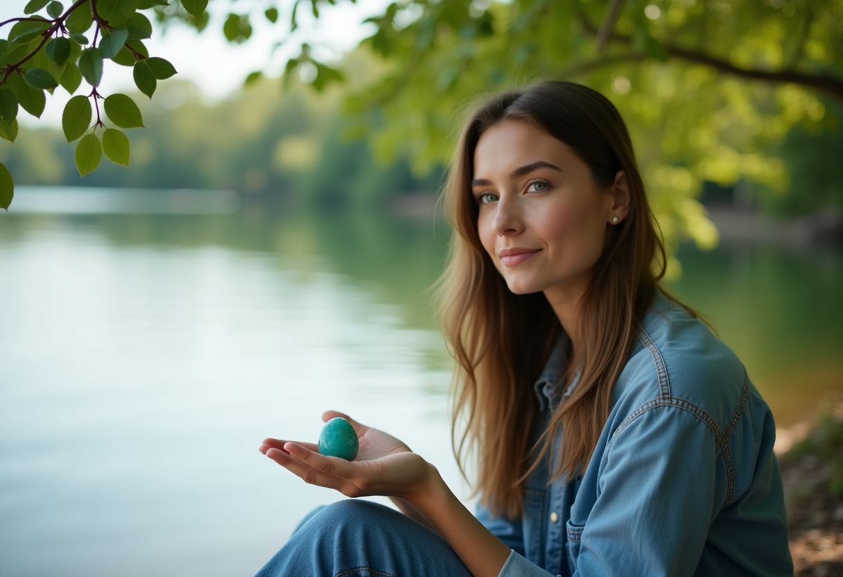 A woman holds a turquoise stone by a calm lake.