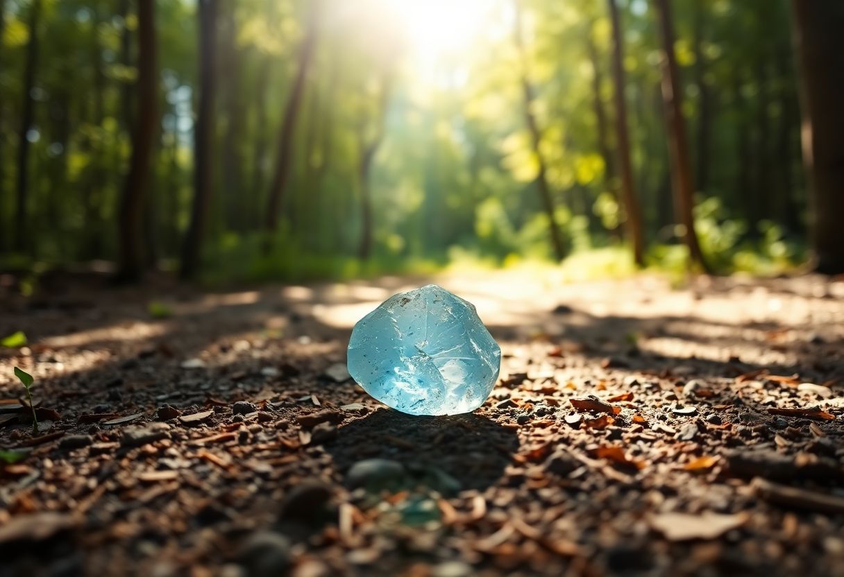 A topaz stone in a sunlit forest clearing, reflecting Sagittarius themes.