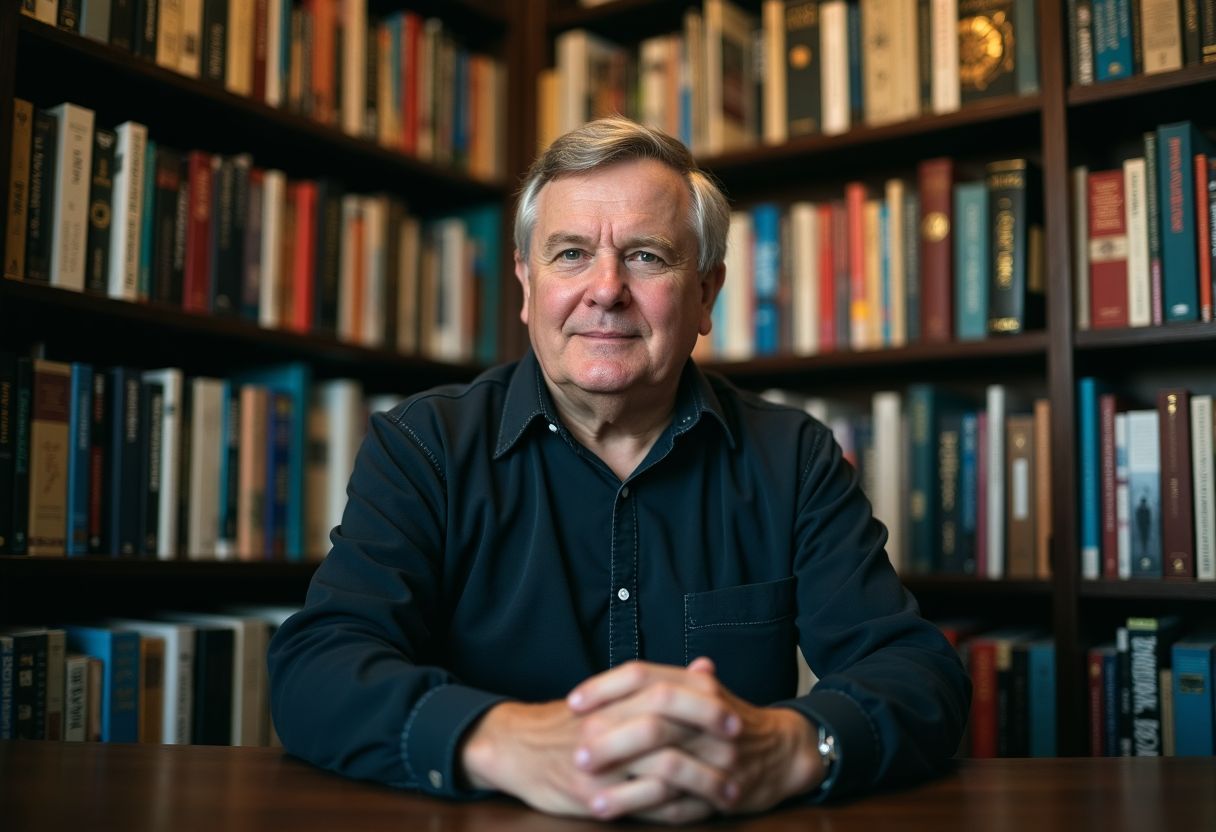 An older man sits in a bookstore surrounded by books on mysticism.