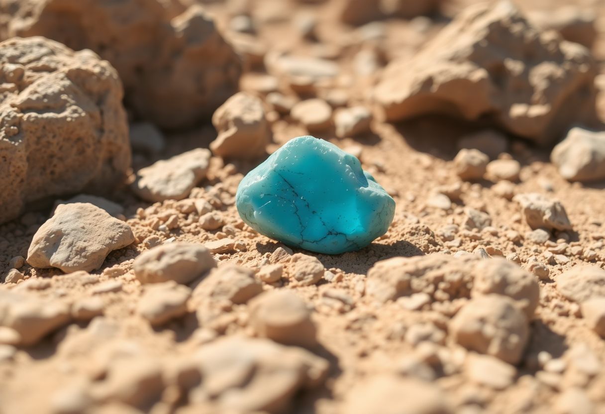 A vibrant turquoise stone in a desert landscape surrounded by rocks.