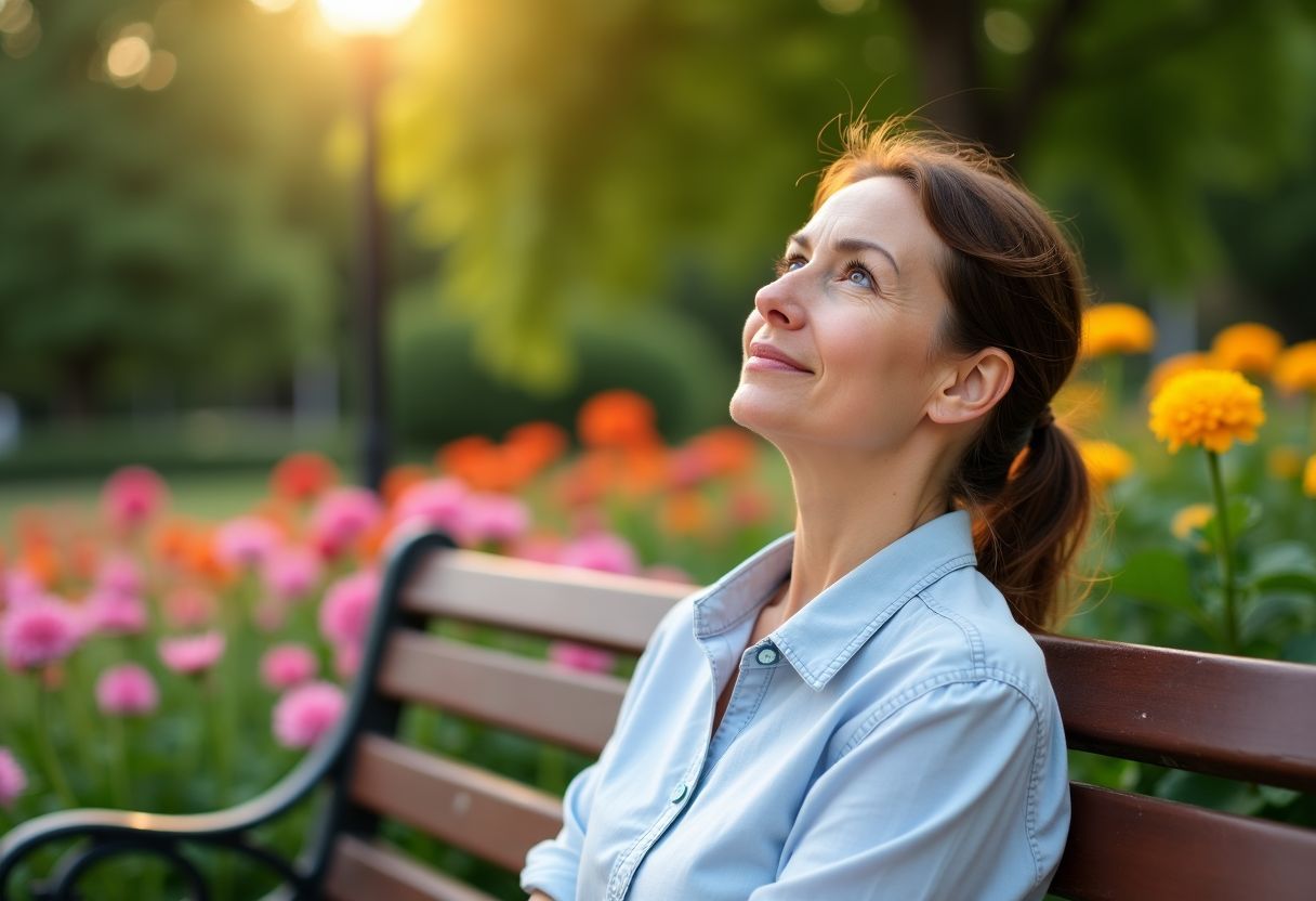 A middle-aged woman sits on a park bench, looking thoughtful.