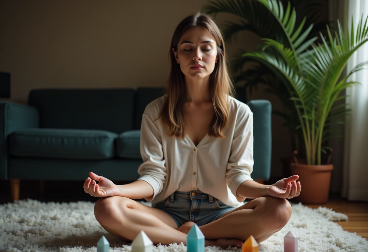 A young woman casually meditates among crystals in a cozy room. A young woman casually meditates among crystals in a cozy room.